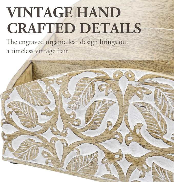 MyGift 3 Tier Rustic Solid Mango Wood Desk Mail Holder and Stationery Sorter with Hand Carved Leaf Pattern, Decorative Office Desktop Document Storage Organizer - Handcrafted in India