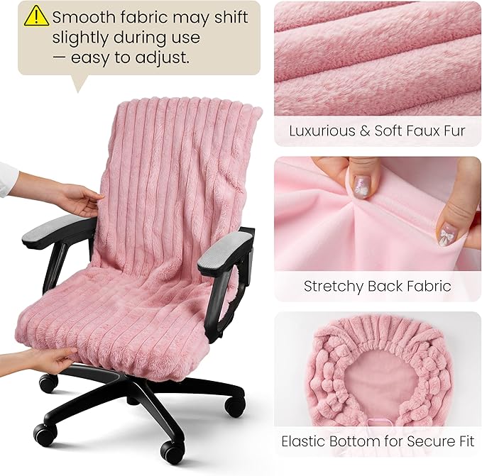 AELS Faux Fur Striped Office Chair Cover, Desk Chair Cover Computer Office Chair Covers - Fits Desk Chair/Armchair, Soft Breathable Fabric - Washable & Removable for Home & Office, Pink