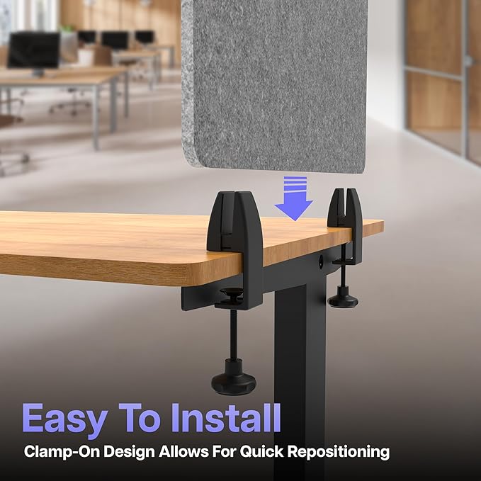 ReFocus Raw Clamp-On Acoustic Desk Divider, Noise-Reducing PET Privacy Panel for Offices, Sound-Dampening Desk Screen for Focused Work, Easy Installation Workspace Divider (24" × 16", Castle Gray)
