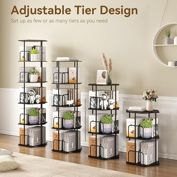 SUNMORY 5 Tier Rotating Bookshelf Tower, Revolving 360 ° Spinning Bookcase, Hexagonal Corner Book Shelf Storage Carousel, Vertical Rotate Turning Organizer Book Shelves for Living Room Office Bedroom