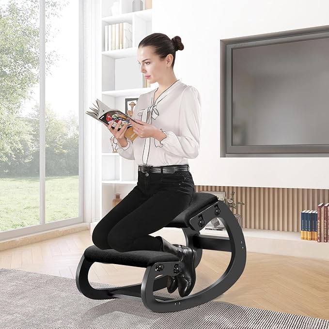 Predawn Adjustable Ergonomic Kneeling Chair – Custom Height Rocking Stool with Thick Cushions, Solid Wood Frame, and Knee Support. Ideal for Office Work or Meditation (Black)