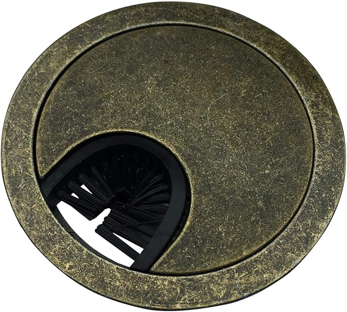 Antique Brass Metal Cable Grommet | 2 Piece "Lock in" Feature with "Brush" Opening for Management of Office & Computer Desk Wires | 60mm (2 3/8") Hole Opening | 5 Pack