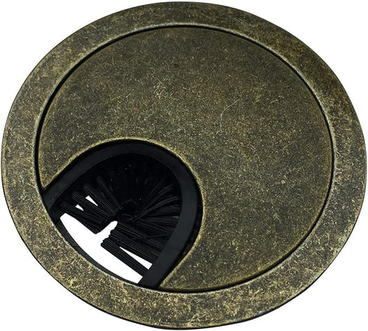 Antique Brass Metal Cable Grommet | 2 Piece "Lock in" Feature with "Brush" Opening for Management of Office & Computer Desk Wires | 60mm (2 3/8") Hole Opening | 5 Pack