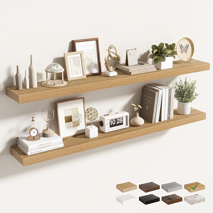 Acovy 48 Inch Floating Shelves for Wall 2 Pack, 48" Wall Shelves for Books, Storage, Decor, Wall Mounted Floating Shelf with Invisible Brackets for Kitchen, Living Room, Light Brown