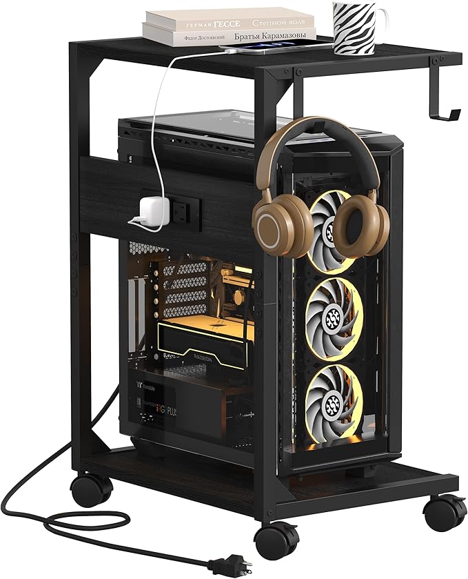 Akxomel 2 Tier Computer Tower Stand with Charging Station, 11.8" D x 16.5" W Rolling Floor PC Tower Stand Fits Under Desk, CPU Holder Cart for Carpet with Hooks, Home Office