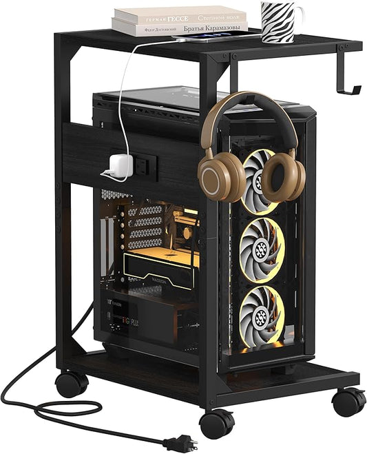 Akxomel 2 Tier Computer Tower Stand with Charging Station, 11.8" D x 16.5" W Rolling Floor PC Tower Stand Fits Under Desk, CPU Holder Cart for Carpet with Hooks, Home Office