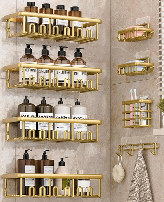 8 Pack Adhesive Rustproof Shower Shelves with Soap Dishes, Toothbrush Holder & Hooks, Large Capacity No-Drilling Shower Shelves Rack for Bathroom Organizers and Storage Accessories, Gold