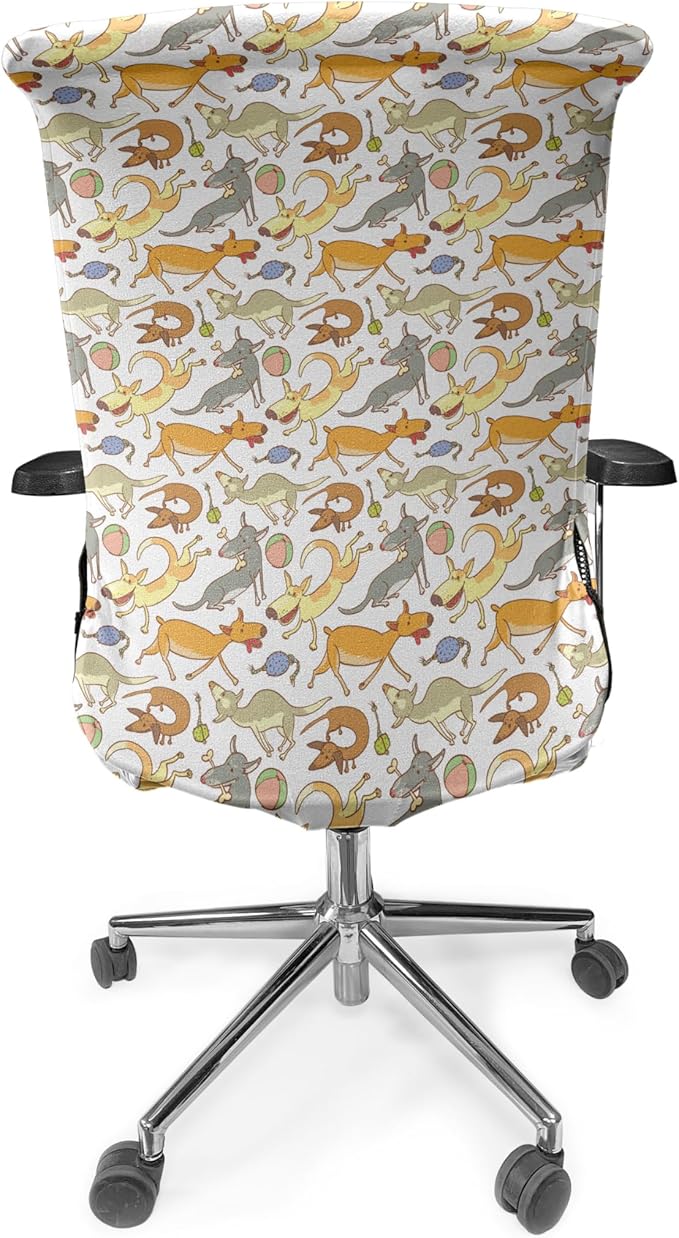 Ambesonne Dog Office Chair Cover, Repetitive Cartoon Style Interpretation of Doggies Playing and Messing Around Print, Stretchable Decorative Universal Size High Back Printed Slipcover, Coffee Brown