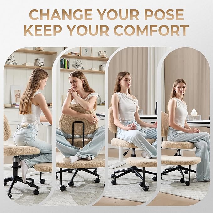 Criss Cross Chair Armless Office Chair for Cross Legged Sitting, 300lb Heavy Duty Ergonomic Desk Chair for ADHD, Adjustable Meditation Yoga Kneeling Chair with Brake Wheels for Home Office (Beige)