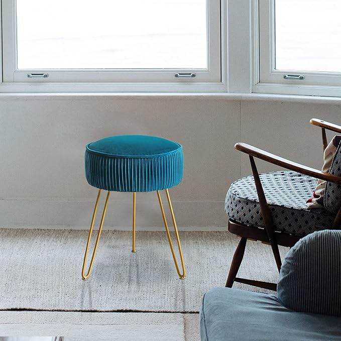 LUE BONA Pleated Vanity Stool, Velvet Upholstered Vanity for Makeup Room, Round Mondern Stool for Vanity, Ottoman Footrest with Metal Legs for Living Room, Bedroom, Peacock Blue
