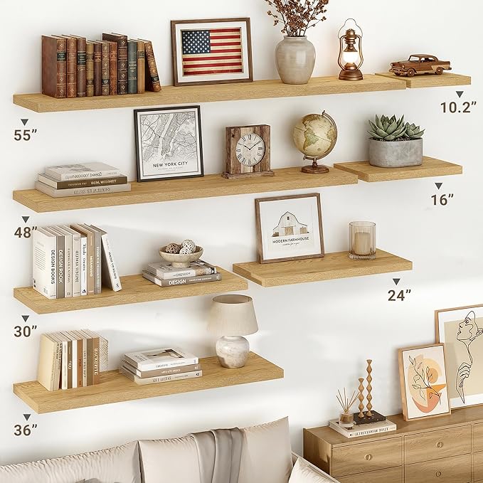 Vivelove 10" Deep Floating Shelves Over Toilet, 24" Wall Shelves for Bathroom Bedroom Kitchen Living Room Laundry Room, Modern Rustic Shelves for Home Decor, 24"x10.2"x1.5", Set of 2, Oak