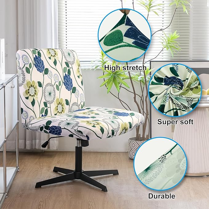 Iauddy Armless Criss Cross Office Desk Chair Cover Slipcover,Accent Mid Back Wide Swivel Task Vanity Slipper Chair Protector Stretch Removable Without Arms for Accent Chair(White/Bottle Green)