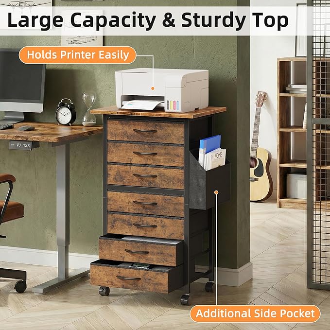 HIGDBFE 7 Fabric Drawers File Cabinet with Side Pocket, Rolling Printer Stand with Storage for Home Office, Wood Top Storage Cabinet for Documents and Crafts, Rustic Brown, 15" D