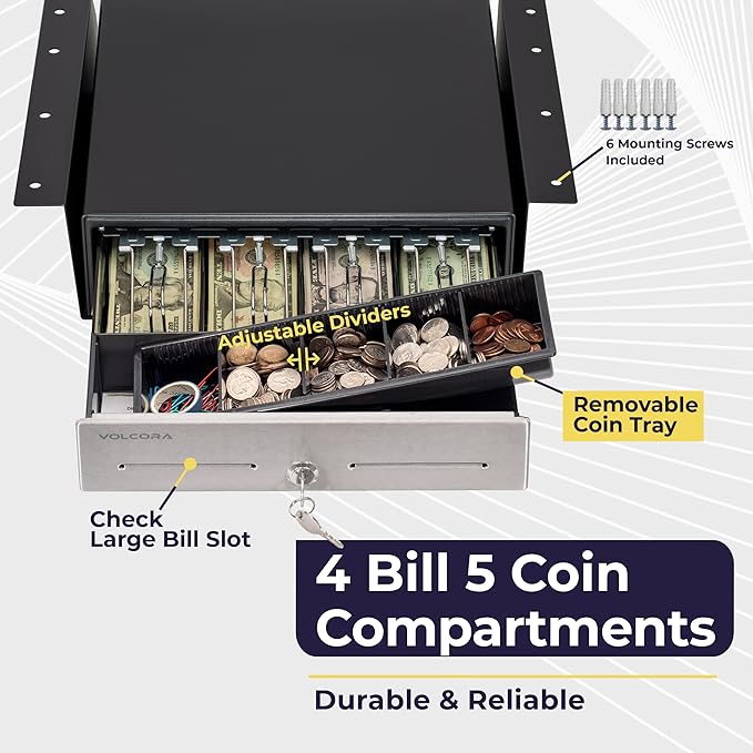 Volcora Cash Register Drawer with Under Counter Mounting Bracket - 13" Cash Drawer for POS, Stainless Steel Front 4 Bill 5 Coin Cash Tray, Removable Coin Tray, 12-24V RJ11/RJ12 Key-Lock, 2 Media Slots