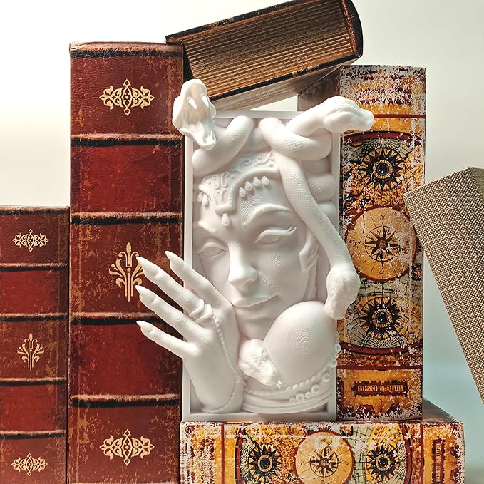 Medusa 3D Printed Book Shelf Decor, Mythical Ornament Figurine Statue for Home Office, Lightweight Art Collectible Gift for Friend (White Medusa)