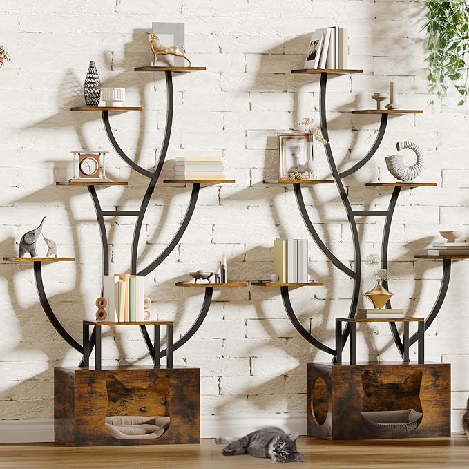 YITAHOME Tall Bookshelf with LED Light, Artistically Designed Tree Bookshelf with Cats Litter Box, 8-Tier Unique Bookshelves Corner Display Shelf for Home Office, Bedroom