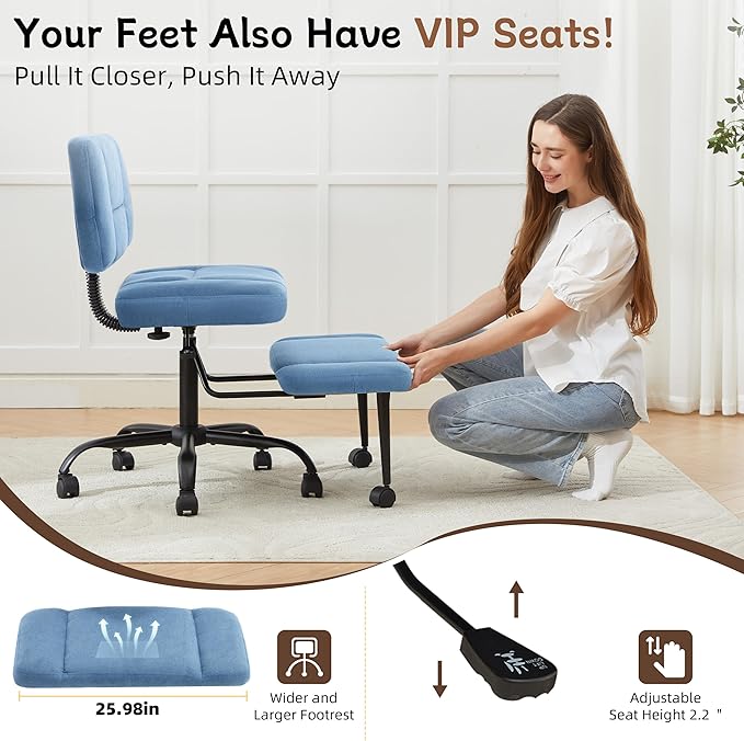 Ergonomic Criss Cross Legged Office Chair, ADHD Chair, 360° Swivel Meditation Kneeling Chair with Wheels, Adjustable Footrest, Bigger & Wider Height Adjustable Seat, Strong Lumbar Support, Bluecloth