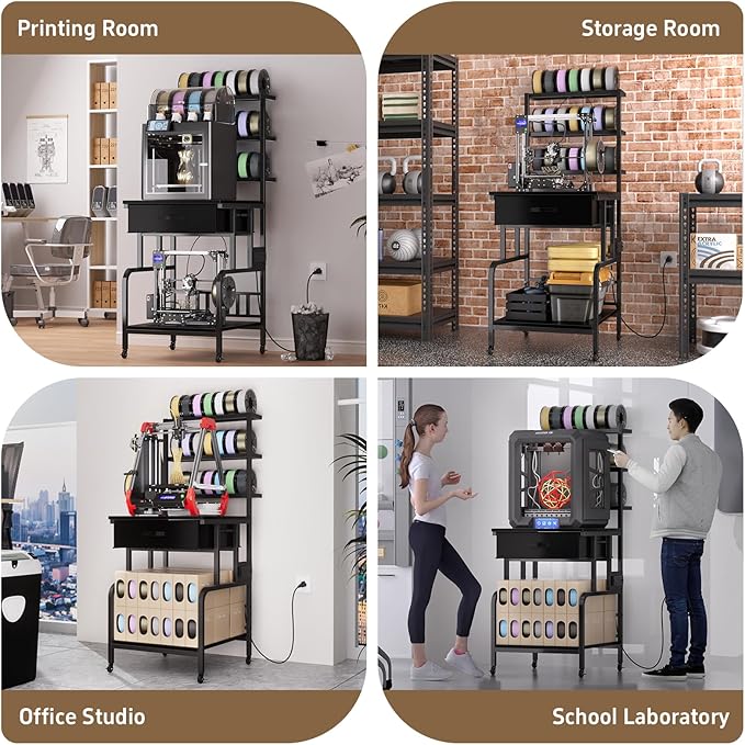 3D Printer Stand with Filament Storage,3D Printer Rack with Storage Drawer，Heavy-Duty 3D Printers Table with Power Outlet，for ABS/PLA/TPU Spools, Home Office Studi