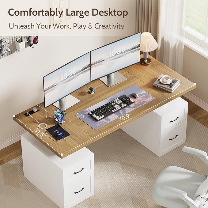 Farmhouse Desk with Drawers & Power Outlet, White Home Office Desk with Adjustable File Organizer, 71" Executive Desk with Storage, Computer Desk with Privacy Panel