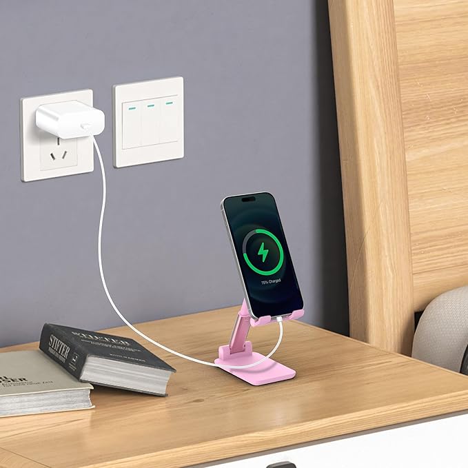 Cell Phone Stand, Adjustable Angle and Height Cell Phone Holder for Desk, Foldable and Portable, Anti-Slip Silicone Pad, Compatible with All Mobile Phones and 4-8 Inch Devices (Pink&Pink)