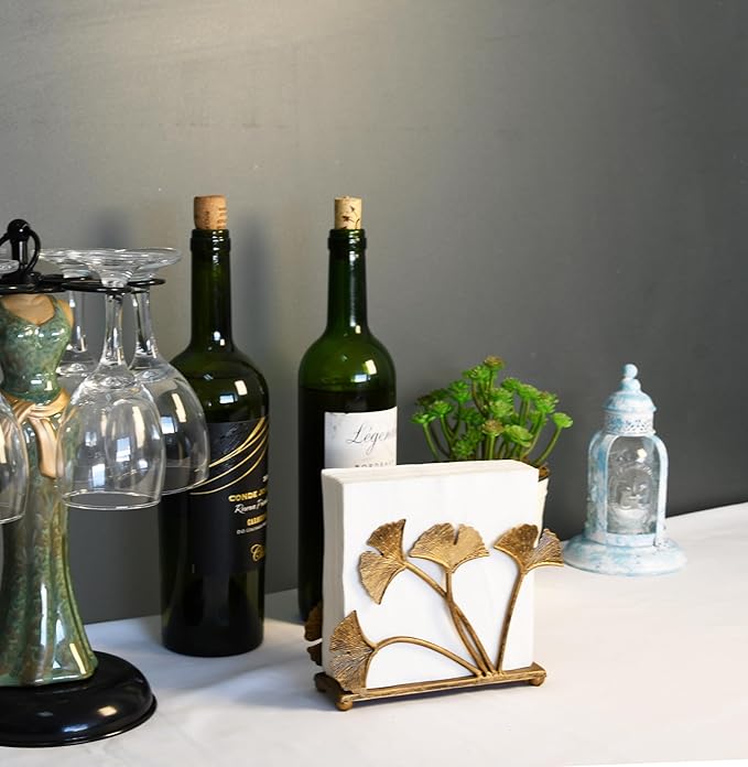 OwlGift Set of 2 Modern Ginkgo Leaves Design Napkin Holder for Tables, Metal Paper Napkin Storage for Kitchen, Stylish Paper Towel Dispenser, Mail Letter Sorter Rack, Document File Organizer – Bronze