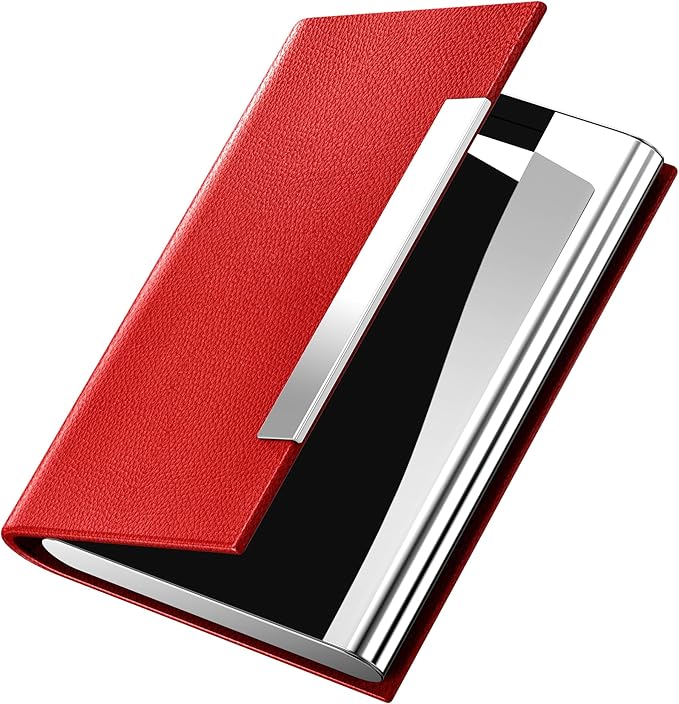 Padike Business Card Holder, Red Faux Leather Wallet with Stainless Steel, RFID Protected