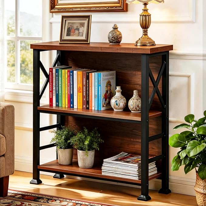 HOMBAZAAR 3-Tier Small Bookshelf, 29.5 Inch Short Book Shelf with Sturdy Metal Frame & Wood Shelves, Rustic Brown Industrial Bookcase for Living Room, Bedroom, Office