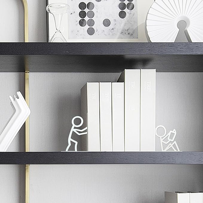 Metal Unique Office Desk Bookends Bookends Decorative Cute Book Ends Reading Decor Bookshelf Decor for Office School Library Bedroom, Book Lovers Gift（White）