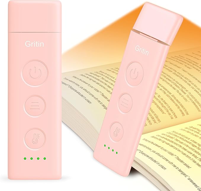 Gritin Book Light Rechargeable, Eye Caring 3-Color & 5-Brightness Clip on LED Reading Light for Books in Bed- Stepless Dimming, Long Lasting, Compact Size Flexible Book Lamp for Bookworms-Pink