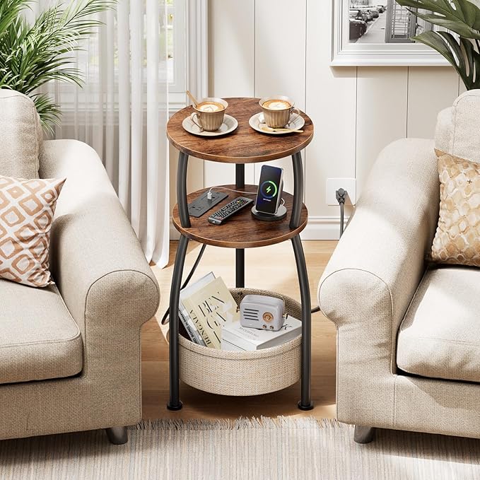 Side Table with Charging Station, Small Round End Table with Basket, USB Port and Outlet, 3 Tiers Sofa Couch Table for Living Room Bedroom, Small Spaces, 11.81in Rustic Brown
