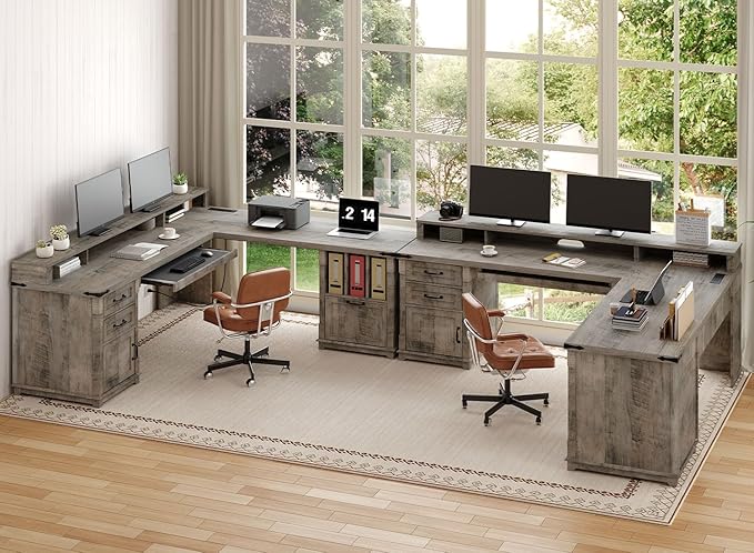 RALGEND 2 Pack Farmhouse 69" Executive L Shaped Desk with Drawer, Home Office Desk with Charging Station, Corner Computer Desk with Monitor Stand,Drawer,Storage Cabinet, Greige