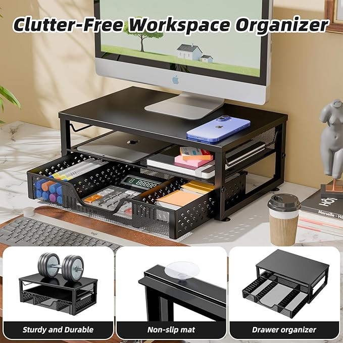 Simple Trending 2-Tier Computer Monitor Stand Riser with Drawer, Desk Organizer for Home Office, Black
