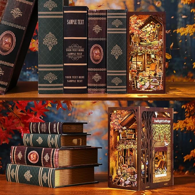 TOYQI Book Nook Kit, Book Nook Kits for Adults, DIY Miniature Dollhouse Kit 3D Wooden Puzzle Booknook Bookend with LED Light