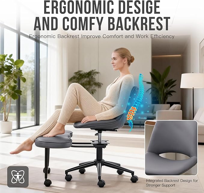 Ergonomic Cross Legged Office Chair with Wheels, 360° Swivel ADHD Chairs for Adults, Height Adjustable Seat for Meditation, Yoga - Wide Criss Cross Chair with Lumbar Support, Kneeling Chair, Grey