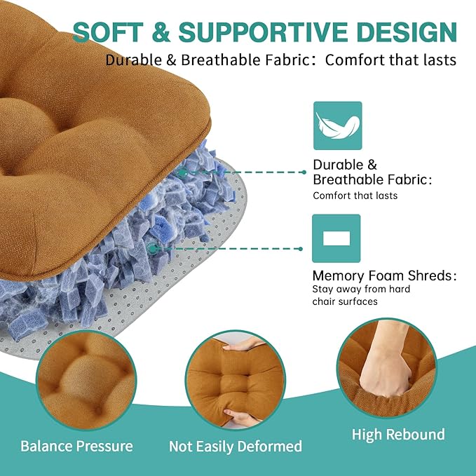 BETU Chair Cushions for Dining Chairs Set of 6,3.5" Thick Kitchen Table Chair Pads with Ties,Non Slip Backing and Covers, Seat Cushion for Dining Room,Bar,Patio Chairs,15.5"X15.5"X3.5",Caramel