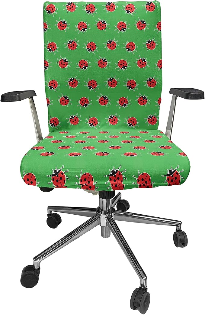 Ambesonne Entomology Office Chair Cover, Cartoon Style Repetitive Ladybugs on a Meadow, Stretchable Decorative Universal Size High Back Printed Slipcover, Red Green