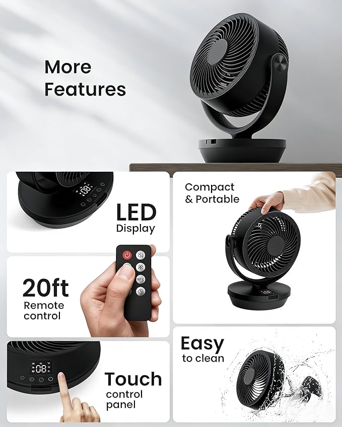 PNTCK Air Circulator Fan for Bedroom, 13" Table Fan with Remote, 90° Oscillating & 120° Tilt, 60ft Strong Airflow, Quiet 25dB Electric Fan with 4 Speeds, 4 Modes & 12H Timer