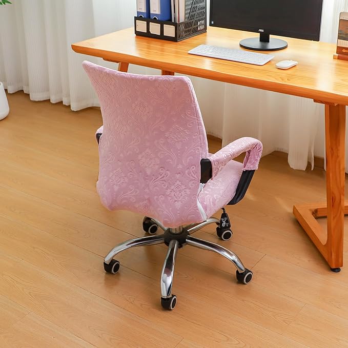 Velvet Pink Office Chair Cover with Armrest Cover 18Inch Wide Stretch Small Desk Computer Chair Covers with Long Zipper Arm Slipcovers Washable