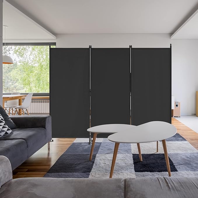 Spurgehom 3 Panel Rolling Room Divider, Folding Partition Privacy Screens, Freestanding Fabric Room Panel, Portable Folding Wall Divider for Office, Room, Restaurant, Hospital (Black)