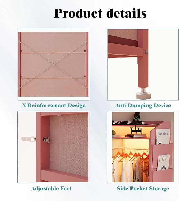 LUMTOK 2-in-1 Dresser with Hanging Racks,5 Fabric Drawers Dressers with LED Lights, Charging Station for Bedroom Living Room, Entryway, Closets (Pink)