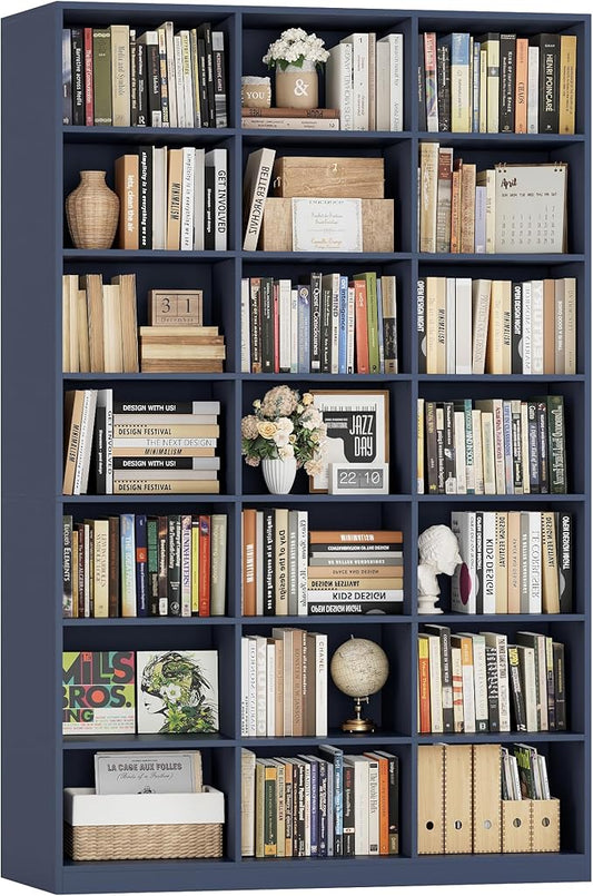 HOSTACK 86" H Triple Wide Bookshelf and Bookcase, 7 Tier Tall Bookshelf with Storage, Large Bookcase with 21 Open Display Storage Shelves, Wood Book Shelf Media CD DVD Storage for Living Room, Blue