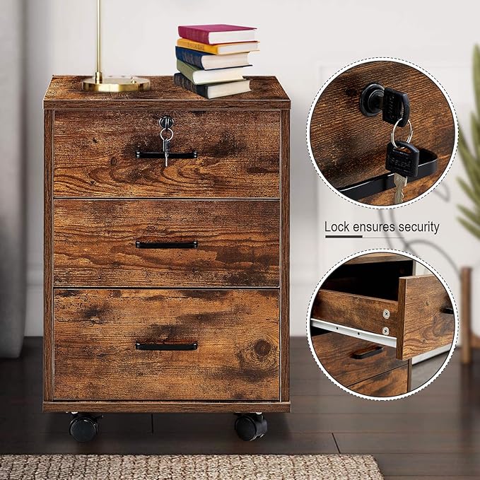 OFCASA 3 Drawer File Cabinet with Lock, Small Rolling Filing Cabinets for Home Office, Wood Under Desk File Cabinet with Wheels, Mobile Storage Organizer, Printer Stand for Letter/Legal, Rustic Brown