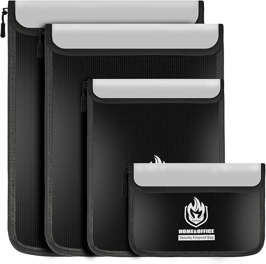 4 Pack Fireproof Document Bags, Waterproof Document Pouch Holder with Zipper, Fire Proof Money Bag for Cash, Fireproof Envelope Fire Safe Bag, Fire Resistant Storage for Legal/A4 Size (Black)