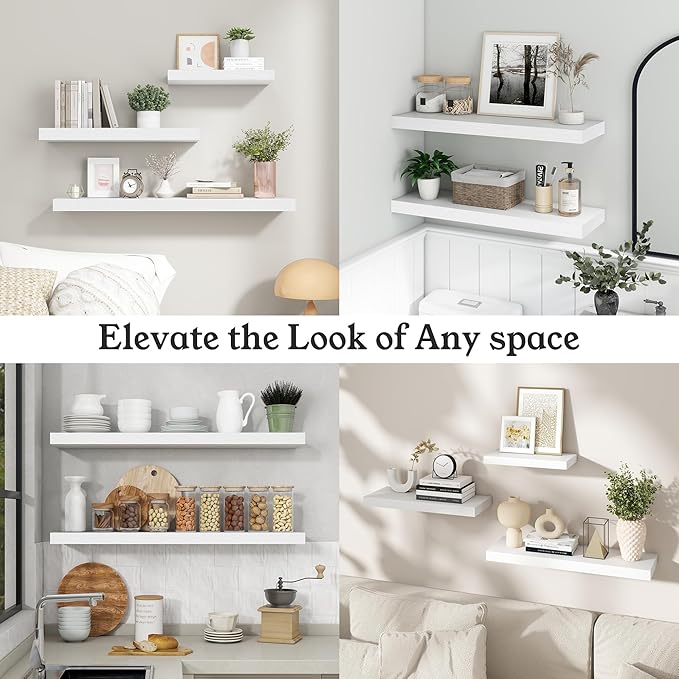 White Floating Shelves for Wall for Wall, 9.3" Deep Wall Mounted Wood Shelves for Bathroom, Bedroom (White, 48)