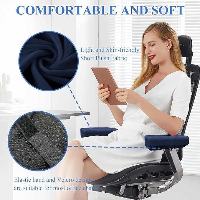 SPRING SEAON Office Chair Arm Covers Soft Memory Foam Arm Rest Pads Short Plush Gaming Chair Armrest Cushion Provide Cushioning for Elbows and Forearms 2 Pack Chair Covers for Arms Navy Blue