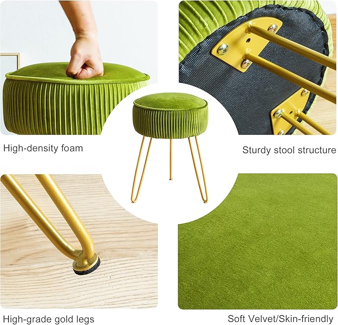 LUE BONA Pleated Vanity Stool, Velvet Upholstered Vanity for Makeup Room, Round Mondern Stool for Vanity, Ottoman Footrest with Metal Legs for Living Room, Bedroom, Matcha Green