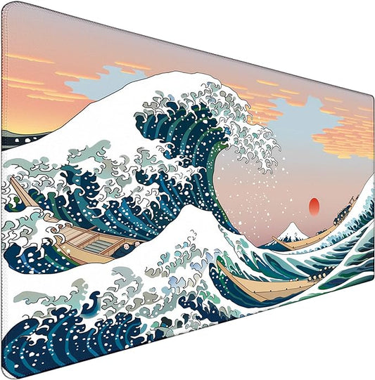 Japanese Large Mouse Pad, DeskMat Office Desk Pad, Extended Large MouseMat for PC, Stitched Edges Gamer Mousepad 31.5 X 15.7 Inch Long Mice Pad, Sunset Sea