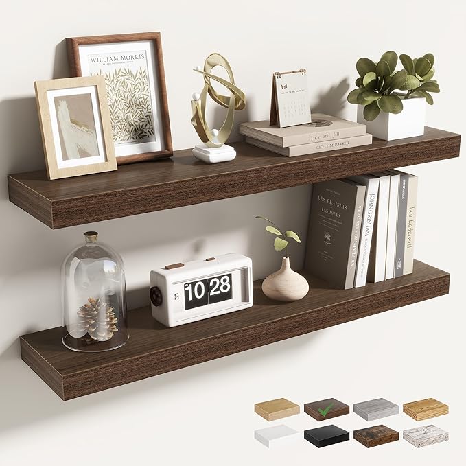 Acovy 30 Inch Floating Shelves for Wall 2 Pack, 30" Wall Shelves for Books, Storage, Decor, Wall Mounted Floating Shelf with Invisible Brackets for Kitchen, Living Room, Walnut