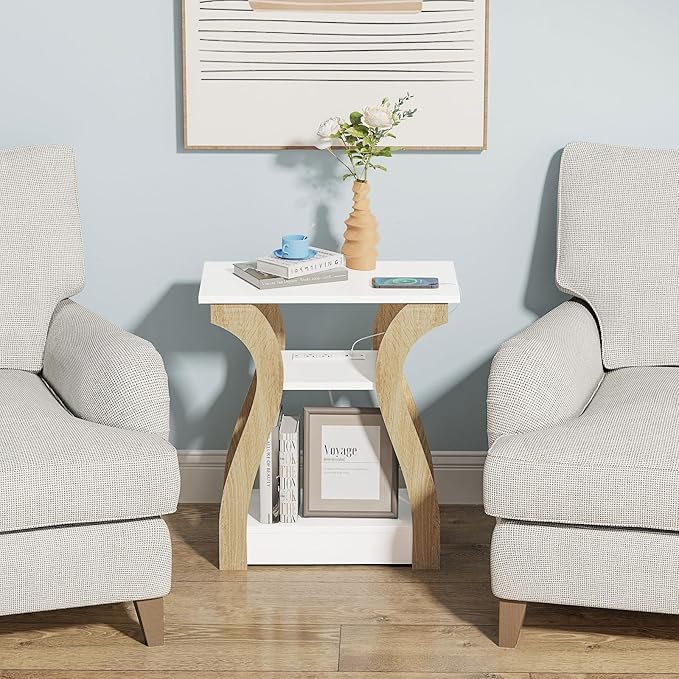 FROMJBEST End Table with Charging Station, Side Table with USB Ports and Outlets, Nightstand, 3 Tier End Table with Storage Shelf for Living Room, Bedroom (White)