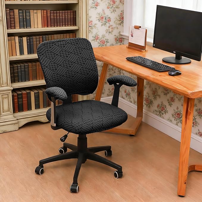 4 Pieces Split Office Chair Cover Large for Desk Chair Back and Seat with Armrest Covers Jacquard Stretch Black Office Chair Slipcovers Set Washable